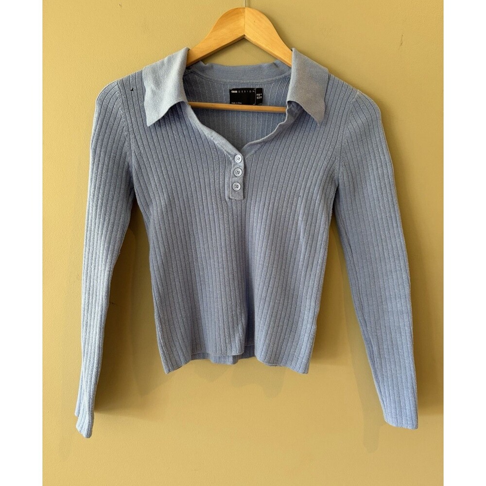 ASOS DESIGN Women’s Blue Solid Ribbed Knit Collared Button Pullover Sweater 6